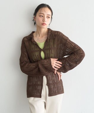 earth music&ecology メッシュレース襟付きカーディガン Brown