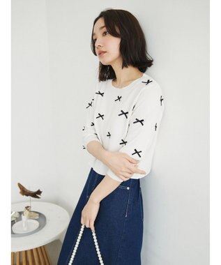 Green Parks ・ＡＮＤ　ＳＥＡＲＣＨ　メニーリボン５分袖ニット Off White