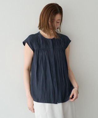 YECCA VECCA <<接触冷感>>フレンチスリーブギャザーブラウス Navy