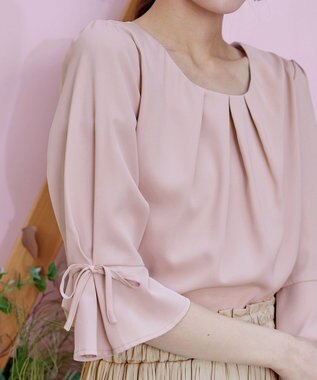 Tiaclasse 【洗える】リボン付きタックフレア袖ブラウス ピンク