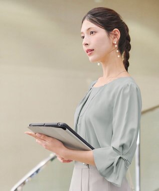 Tiaclasse 【洗える】リボン付きタックフレア袖ブラウス ミント