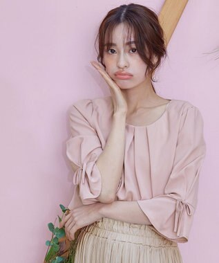 Tiaclasse 【洗える】リボン付きタックフレア袖ブラウス ピンク