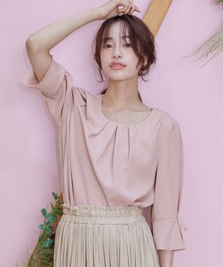 Tiaclasse 【洗える】リボン付きタックフレア袖ブラウス ピンク