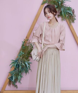 Tiaclasse 【洗える】リボン付きタックフレア袖ブラウス ピンク