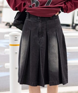 WEGO ヴィンテージウォッシュデニムプリーツミドルスカート ブラック