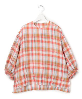 23区 【先行予約】LIBECOリネン チェック ボリュームスリーブ ブラウス オレンジチェック