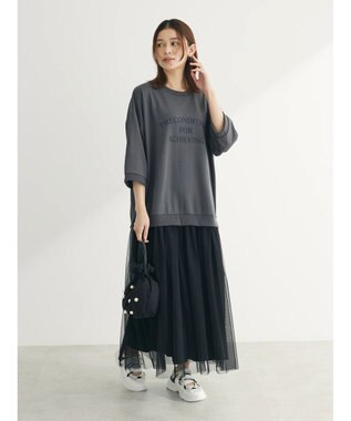 Green Parks ７分袖チュールドッキングロゴワンピース Charcoal Gray