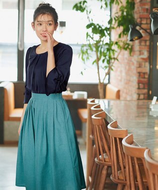 Tiaclasse 【洗える】リボン付きタックフレア袖ブラウス ネイビー