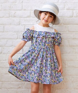 ANY KIDS オンオフショルダー ガーリー ワンピース ネイビー花柄