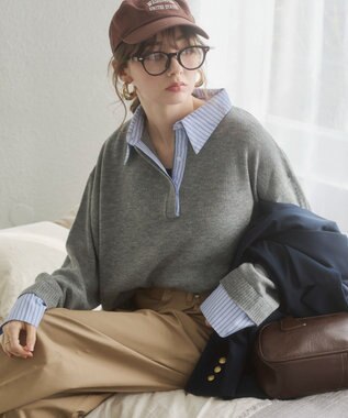 WEGO 【ANGIE VINTAGE】シャツ襟 ドッキング　フェイクレイヤード ニット トップス ライトグレー