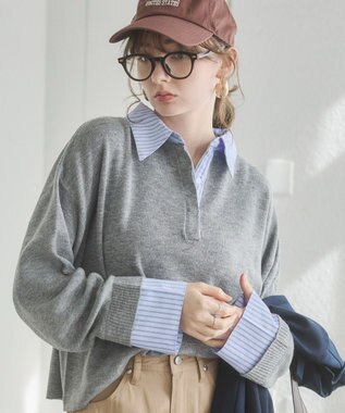 WEGO 【ANGIE VINTAGE】シャツ襟 ドッキング　フェイクレイヤード ニット トップス ライトグレー