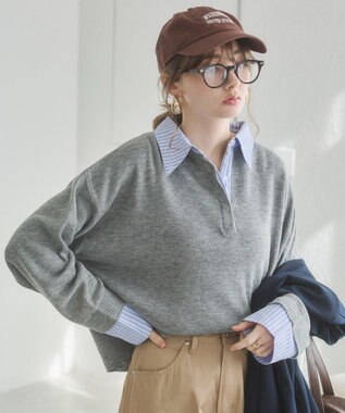 WEGO 【ANGIE VINTAGE】シャツ襟 ドッキング　フェイクレイヤード ニット トップス ライトグレー