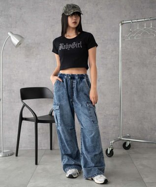 WEGO 【XS～Mサイズ展開/ウエストゴム 】デニムイージーパラシュートカーゴパンツ デニム中濃加工色