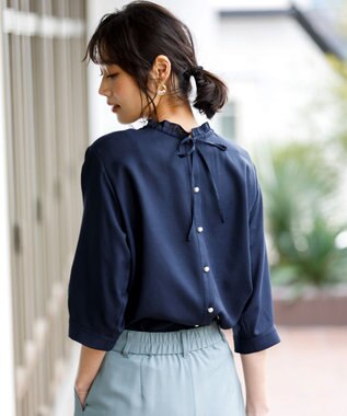 ANY SIS 【2WAY】スムージーポリエステル フリルネック ブラウス ネイビー