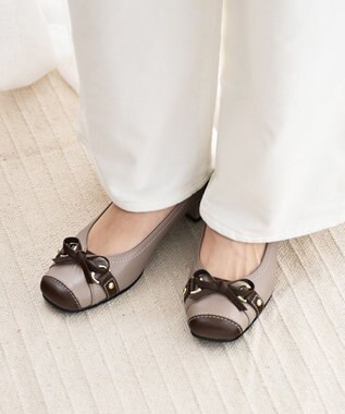Pointer 日本製 本革リボン付きパンプス オークグレー×ブラウン