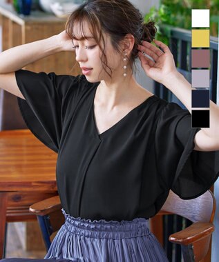 Tiaclasse 【洗える】シフォンフレアスリーブブラウス ブラック