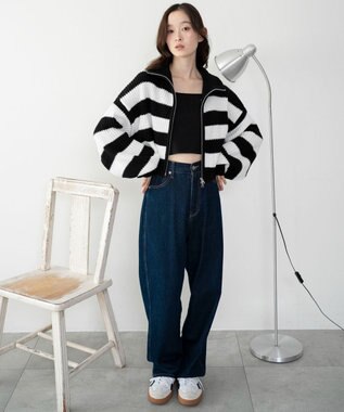 WEGO ダブルジップショートニットブルゾン ブラックボーダー