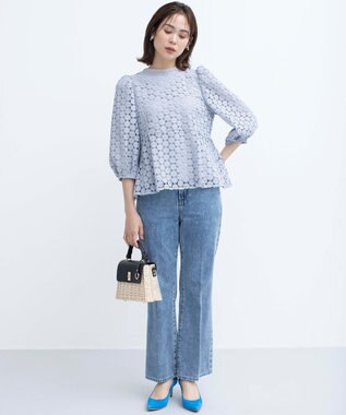 組曲 S 【WEB限定】フラワーレース ペプラムトップス スカイブルー系