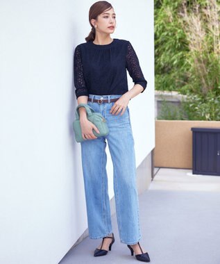 Tiaclasse 【洗える】ギャザーネックレースブラウス ネイビー