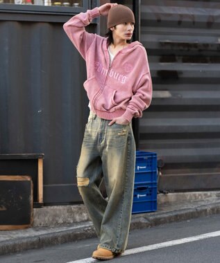 WEGO 【ユニセックス着用ITEM】ブリーチニットグラフィックZIPパーカー ピンク