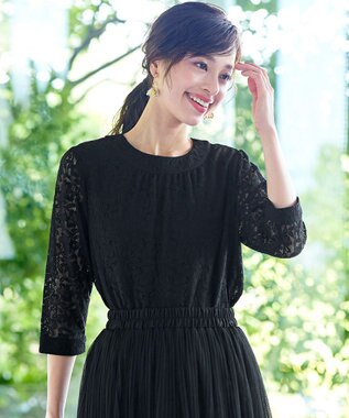 Tiaclasse 【洗える】ギャザーネックレースブラウス ブラック