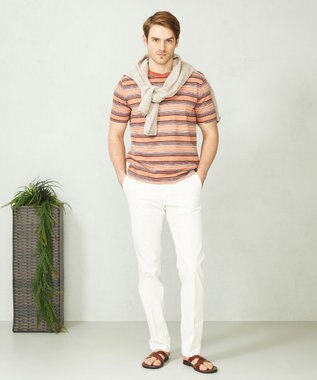 JOSEPH ABBOUD 【吸水速乾】リネンマルチボーダー Tシャツ オレンジ系2