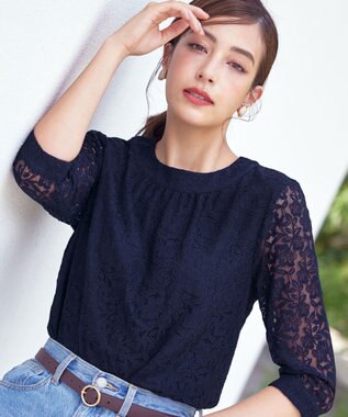 Tiaclasse 【洗える】ギャザーネックレースブラウス ネイビー