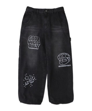 WEGO 【ウエスト紐で調整】イージーペインターグラフィックデニムパンツ 柄2
