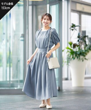 Tiaclasse L 【洗える】麻調ギャザーワンピース ブルー