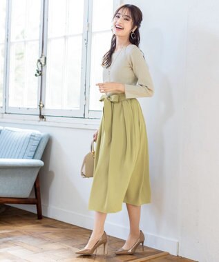 Tiaclasse L 【洗える】異素材を組み合わせたミモレ丈リブコンビワンピース エクリュ×ライム