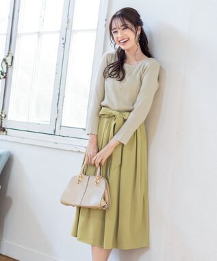 Tiaclasse L 【洗える】異素材を組み合わせたミモレ丈リブコンビワンピース エクリュ×ライム