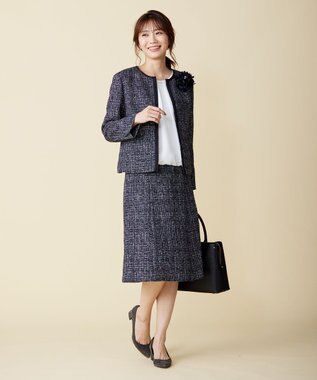 J.PRESS LADIES ファンシーツイード ノーカラー ジャケット ネイビー系1