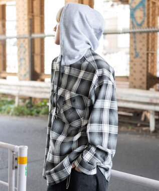 WEGO 【25年秋冬新作/ユニセックス着用ITEM/MLサイズ展開】オンブレチェックフードネルシャツ（LS） ブラックチェック1
