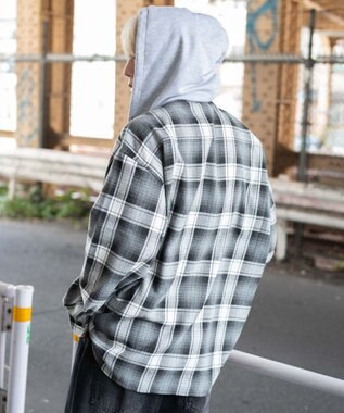 WEGO 【25年秋冬新作/ユニセックス着用ITEM/MLサイズ展開】オンブレチェックフードネルシャツ（LS） ブラックチェック1