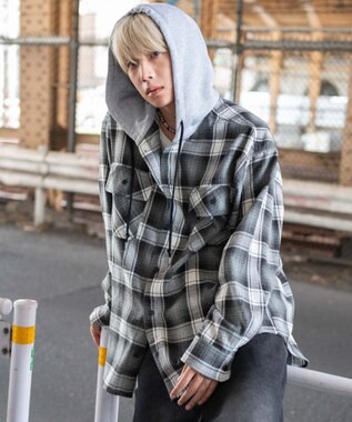 WEGO 【25年秋冬新作/ユニセックス着用ITEM/MLサイズ展開】オンブレチェックフードネルシャツ（LS） ブラックチェック1