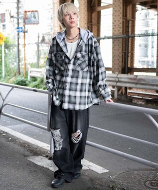 WEGO 【25年秋冬新作/ユニセックス着用ITEM/MLサイズ展開】オンブレチェックフードネルシャツ（LS） ブラックチェック1