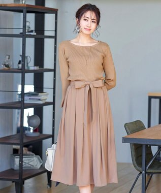 Tiaclasse 【洗える】異素材を組み合わせたミモレ丈リブコンビワンピース ベージュ×ベージュ