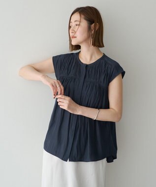 YECCA VECCA <<接触冷感>>フレンチスリーブギャザーブラウス Navy