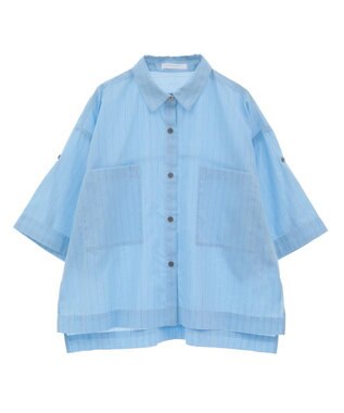 Green Parks 綿麻混５分袖ターンバックシャツ Sax