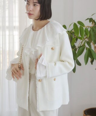 WEGO 【ANGIE VINTAGE/オケージョン対応 / セレモニー対応】ノーカラー ツイードジャケット オフホワイト