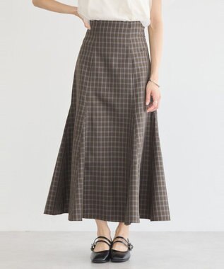 earth music&ecology 裾フレアチェックスカート Dark Brown