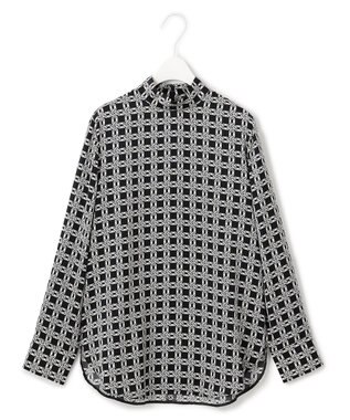 ICB 【洗える】レトロウォールペーパープリント ブラウス オフホワイト×ブラック系