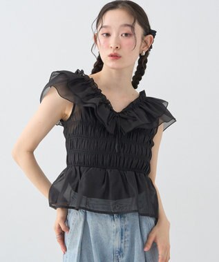 earth music&ecology ダブルフリルノースリブラウス Black
