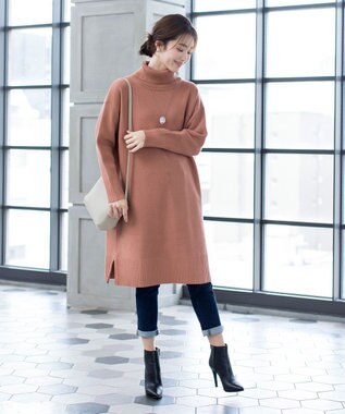 Tiaclasse 【洗える】華のあるニットタートルワンピース オレンジ