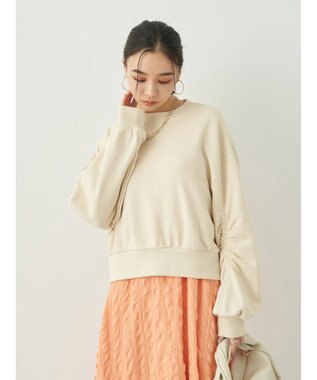 earth music&ecology クルーネック袖シャーリングスウェット Light Beige