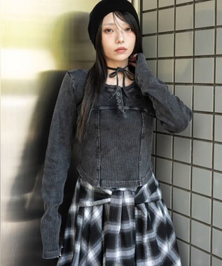 WEGO ヴィンテージウォッシュネックリボントップス スミクロ