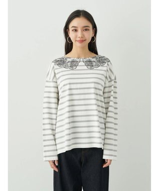 earth music&ecology レースプリントボーダープルオーバー Border Gray