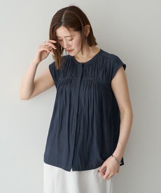 YECCA VECCA <<接触冷感>>フレンチスリーブギャザーブラウス Navy