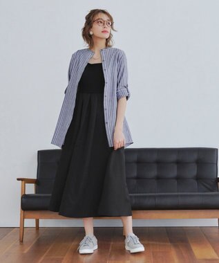 Tiaclasse L 【新色追加】バンドカラーシャツチュニックブラウス ネイビーストライプ