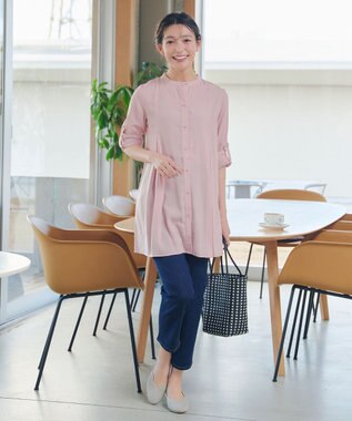 Tiaclasse L 【新色追加】バンドカラーシャツチュニックブラウス ピンク